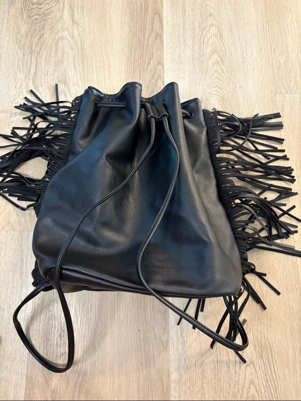 Victoria's Secret Black Fringe Drawstring Backpack lightweight logo boho - Picture 5 of 11